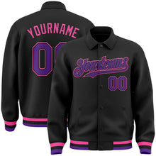 Laden Sie das Bild in den Galerie-Viewer, Uksn Individuelles Bomberjacke in Schwarz-Violett-Pink mit Byron-Stil, Reverskragen, Druckknopfleiste und Varsity-Letterman-Stil
