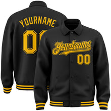Laden Sie das Bild in den Galerie-Viewer, Uksn Individuelles Bomberjacke in Schwarz-Gold mit Byron-Stil, Reverskragen, Druckknopfleiste und Varsity-Letterman-Stil
