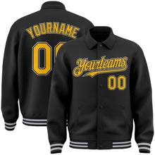 Laden Sie das Bild in den Galerie-Viewer, Uksn Individuelles Bomberjacke in Schwarz-Gold-Grau mit Byron-Stil, Reverskragen, Druckknopfleiste und Varsity-Letterman-Stil
