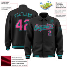 Laden Sie das Bild in den Galerie-Viewer, Uksn Individuelles Bomberjacke in Schwarz-Pink-Petrol mit Byron-Stil, Reverskragen, Druckknopfleiste und Varsity-Letterman-Stil
