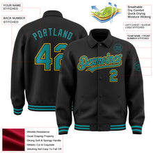 Laden Sie das Bild in den Galerie-Viewer, Uksn Individuelles Bomberjacke in Schwarz-Petrol-Gelb mit Byron-Stil, Reverskragen, Druckknopfleiste und Varsity-Letterman-Stil
