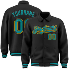 Laden Sie das Bild in den Galerie-Viewer, Uksn Individuelles Bomberjacke in Schwarz-Petrol-Gelb mit Byron-Stil, Reverskragen, Druckknopfleiste und Varsity-Letterman-Stil

