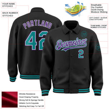 Laden Sie das Bild in den Galerie-Viewer, Uksn Individuelles Bomberjacke in Schwarz-Petrol-Violett mit Byron-Stil, Reverskragen, Druckknopfleiste und Varsity-Letterman-Stil
