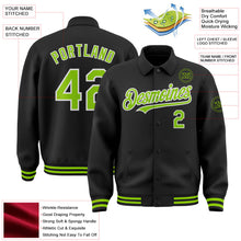 Laden Sie das Bild in den Galerie-Viewer, Uksn Individuelles Bomberjacke in Schwarz-Neongrün-Weiß mit Byron-Stil, Reverskragen, Druckknopfleiste und Varsity-Letterman-Stil
