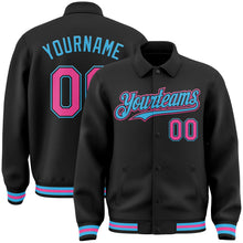 Laden Sie das Bild in den Galerie-Viewer, Uksn Individuelles Bomberjacke in Schwarz-Pink-Himmelblau mit Byron-Stil, Reverskragen, Druckknopfleiste und Varsity-Letterman-Stil
