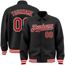 Laden Sie das Bild in den Galerie-Viewer, Uksn Individuelles Bomberjacke in Schwarz-Rot-Weiß mit Byron-Stil, Reverskragen, Druckknopfleiste und Varsity-Letterman-Stil
