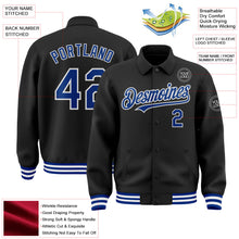 Laden Sie das Bild in den Galerie-Viewer, Uksn Individuelles Bomberjacke in Schwarz-Royalblau-Weiß mit Byron-Stil, Reverskragen, Druckknopfleiste und Varsity-Letterman-Stil
