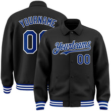 Laden Sie das Bild in den Galerie-Viewer, Uksn Individuelles Bomberjacke in Schwarz-Royalblau-Weiß mit Byron-Stil, Reverskragen, Druckknopfleiste und Varsity-Letterman-Stil
