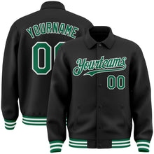 Laden Sie das Bild in den Galerie-Viewer, Uksn Individuelles Bomberjacke in Schwarz-Kelly-Grün-Weiß mit Byron-Stil, Reverskragen, Druckknopfleiste und Varsity-Letterman-Stil
