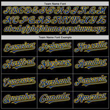 Laden Sie das Bild in den Galerie-Viewer, Uksn Individuelles Bomberjacke in Schwarz-Royalblau-Gelb mit Byron-Stil, Reverskragen, Druckknopfleiste und Varsity-Letterman-Stil
