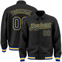 Laden Sie das Bild in den Galerie-Viewer, Uksn Individuelles Bomberjacke in Schwarz-Royalblau-Gelb mit Byron-Stil, Reverskragen, Druckknopfleiste und Varsity-Letterman-Stil
