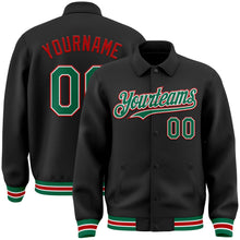 Laden Sie das Bild in den Galerie-Viewer, Uksn Individuelles Bomberjacke in Schwarz-Kelly-Grün-Rot mit Byron-Stil, Reverskragen, Druckknopfleiste und Varsity-Letterman-Stil
