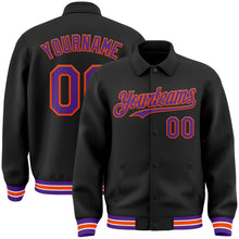 Laden Sie das Bild in den Galerie-Viewer, Uksn Individuelles Bomberjacke in Schwarz-Violett-Orange mit Byron-Stil, Reverskragen, Druckknopfleiste und Varsity-Letterman-Stil
