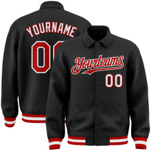 Laden Sie das Bild in den Galerie-Viewer, Uksn Individuelles Bomberjacke in Schwarz-Rot-Weiß mit Byron-Stil, Reverskragen, Druckknopfleiste und Varsity-Letterman-Stil
