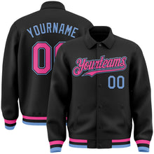 Laden Sie das Bild in den Galerie-Viewer, Uksn Individuelles Bomberjacke in Schwarz-Pink-Hellblau mit Byron-Stil, Reverskragen, Druckknopfleiste und Varsity-Letterman-Stil
