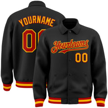 Laden Sie das Bild in den Galerie-Viewer, Uksn Individuelles Bomberjacke in Schwarz-Rot-Gold mit Byron-Stil, Reverskragen, Druckknopfleiste und Varsity-Letterman-Stil
