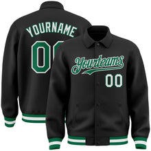 Laden Sie das Bild in den Galerie-Viewer, Uksn Individuelles Bomberjacke in Schwarz-Kelly-Grün-Weiß mit Byron-Stil, Reverskragen, Druckknopfleiste und Varsity-Letterman-Stil
