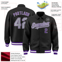 Laden Sie das Bild in den Galerie-Viewer, Uksn Individuelles Bomberjacke in Schwarz-Grau-Violett mit Byron-Stil, Reverskragen, Druckknopfleiste und Varsity-Letterman-Stil
