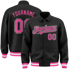 Laden Sie das Bild in den Galerie-Viewer, Uksn Individuelles Bomberjacke in Schwarz-Pink-Weiß mit Byron-Stil, Reverskragen, Druckknopfleiste und Varsity-Letterman-Stil
