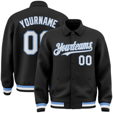 Laden Sie das Bild in den Galerie-Viewer, Uksn Individuelles Bomberjacke in Schwarz-Weiß-Hellblau mit Byron-Stil, Reverskragen, Druckknopfleiste und Varsity-Letterman-Stil
