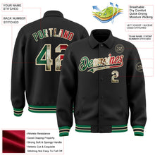Laden Sie das Bild in den Galerie-Viewer, Uksn Individuelles Bomberjacke in Schwarz-Creme-Kelly-Grün mit Vintage-Mexiko-Flagge, Byron-Stil, Reverskragen, Druckknopfleiste und Varsity-Letterman-Stil
