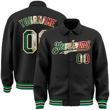 Laden Sie das Bild in den Galerie-Viewer, Uksn Individuelles Bomberjacke in Schwarz-Creme-Kelly-Grün mit Vintage-Mexiko-Flagge, Byron-Stil, Reverskragen, Druckknopfleiste und Varsity-Letterman-Stil
