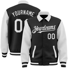 Laden Sie das Bild in den Galerie-Viewer, Uksn Individuelles Bomberjacke in Schwarz-Weiß mit Byron-Stil, Reverskragen, Druckknopfleiste, Zweifarben-Design und Varsity-Letterman-Stil
