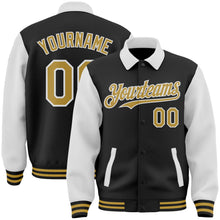 Laden Sie das Bild in den Galerie-Viewer, Uksn Individuelles Bomberjacke in Schwarz-Altgold-Weiß mit Byron-Stil, Reverskragen, Druckknopfleiste, Zweifarben-Design und Varsity-Letterman-Stil
