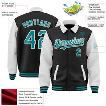 Laden Sie das Bild in den Galerie-Viewer, Uksn Individuelles Bomberjacke in Schwarz-Petrol-Weiß mit Byron-Stil, Reverskragen, Druckknopfleiste, Zweifarben-Design und Varsity-Letterman-Stil

