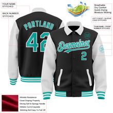 Laden Sie das Bild in den Galerie-Viewer, Uksn Individuelles Bomberjacke in Schwarz-Aqua-Weiß mit Byron-Stil, Reverskragen, Druckknopfleiste, Zweifarben-Design und Varsity-Letterman-Stil
