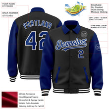 Laden Sie das Bild in den Galerie-Viewer, Uksn Individuelles Bomberjacke in Schwarz-Royalblau-Weiß mit Byron-Stil, Reverskragen, Druckknopfleiste, Zweifarben-Design und Varsity-Letterman-Stil
