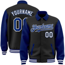 Laden Sie das Bild in den Galerie-Viewer, Uksn Individuelles Bomberjacke in Schwarz-Royalblau-Weiß mit Byron-Stil, Reverskragen, Druckknopfleiste, Zweifarben-Design und Varsity-Letterman-Stil
