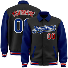 Laden Sie das Bild in den Galerie-Viewer, Uksn Individuelles Bomberjacke in Schwarz-Royalblau-Rot mit Byron-Stil, Reverskragen, Druckknopfleiste, Zweifarben-Design und Varsity-Letterman-Stil
