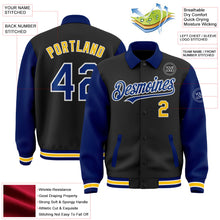 Laden Sie das Bild in den Galerie-Viewer, Uksn Individuelles Bomberjacke in Schwarz-Royalblau-Gelb mit Byron-Stil, Reverskragen, Druckknopfleiste, Zweifarben-Design und Varsity-Letterman-Stil
