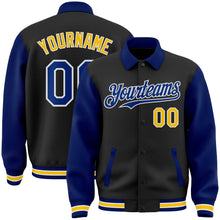Laden Sie das Bild in den Galerie-Viewer, Uksn Individuelles Bomberjacke in Schwarz-Royalblau-Gelb mit Byron-Stil, Reverskragen, Druckknopfleiste, Zweifarben-Design und Varsity-Letterman-Stil
