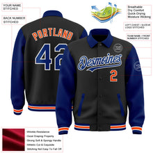 Laden Sie das Bild in den Galerie-Viewer, Uksn Individuelles Bomberjacke in Schwarz-Royalblau-Orange mit Byron-Stil, Reverskragen, Druckknopfleiste, Zweifarben-Design und Varsity-Letterman-Stil
