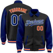 Laden Sie das Bild in den Galerie-Viewer, Uksn Individuelles Bomberjacke in Schwarz-Royalblau-Orange mit Byron-Stil, Reverskragen, Druckknopfleiste, Zweifarben-Design und Varsity-Letterman-Stil

