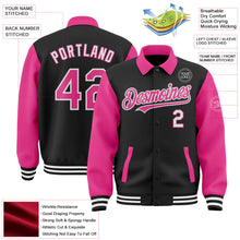 Laden Sie das Bild in den Galerie-Viewer, Uksn Individuelles Bomberjacke in Schwarz-Pink-Weiß mit Byron-Stil, Reverskragen, Druckknopfleiste, Zweifarben-Design und Varsity-Letterman-Stil
