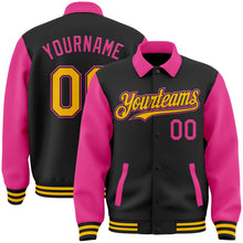 Laden Sie das Bild in den Galerie-Viewer, Uksn Individuelles Bomberjacke in Schwarz-Gold-Pink mit Byron-Stil, Reverskragen, Druckknopfleiste, Zweifarben-Design und Varsity-Letterman-Stil
