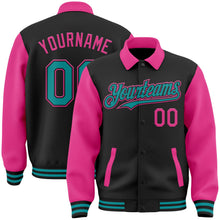 Laden Sie das Bild in den Galerie-Viewer, Uksn Individuelles Bomberjacke in Schwarz-Petrol-Pink mit Byron-Stil, Reverskragen, Druckknopfleiste, Zweifarben-Design und Varsity-Letterman-Stil
