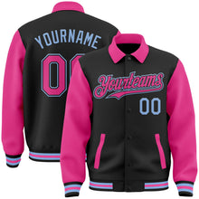 Laden Sie das Bild in den Galerie-Viewer, Uksn Individuelles Bomberjacke in Schwarz-Pink-Hellblau mit Byron-Stil, Reverskragen, Druckknopfleiste, Zweifarben-Design und Varsity-Letterman-Stil

