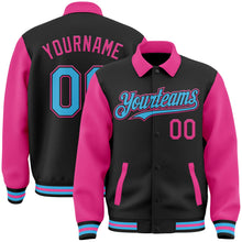 Laden Sie das Bild in den Galerie-Viewer, Uksn Individuelles Bomberjacke in Schwarz-Himmelblau-Pink mit Byron-Stil, Reverskragen, Druckknopfleiste, Zweifarben-Design und Varsity-Letterman-Stil
