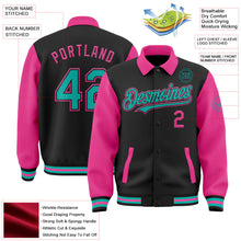 Laden Sie das Bild in den Galerie-Viewer, Uksn Individuelles Bomberjacke in Schwarz-Aqua-Pink mit Byron-Stil, Reverskragen, Druckknopfleiste, Zweifarben-Design und Varsity-Letterman-Stil
