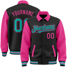 Laden Sie das Bild in den Galerie-Viewer, Uksn Individuelles Bomberjacke in Schwarz-Aqua-Pink mit Byron-Stil, Reverskragen, Druckknopfleiste, Zweifarben-Design und Varsity-Letterman-Stil
