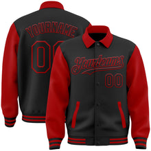Laden Sie das Bild in den Galerie-Viewer, Uksn Individuelles Bomberjacke in Schwarz-Rot mit Byron-Stil, Reverskragen, Druckknopfleiste, Zweifarben-Design und Varsity-Letterman-Stil
