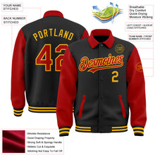 Laden Sie das Bild in den Galerie-Viewer, Uksn Individuelles Bomberjacke in Schwarz-Rot-Gold mit Byron-Stil, Reverskragen, Druckknopfleiste, Zweifarben-Design und Varsity-Letterman-Stil
