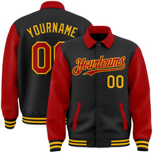 Laden Sie das Bild in den Galerie-Viewer, Uksn Individuelles Bomberjacke in Schwarz-Rot-Gold mit Byron-Stil, Reverskragen, Druckknopfleiste, Zweifarben-Design und Varsity-Letterman-Stil
