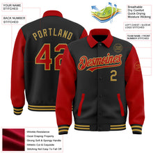 Laden Sie das Bild in den Galerie-Viewer, Uksn Individuelles Bomberjacke in Schwarz-Rot-Altgold mit Byron-Stil, Reverskragen, Druckknopfleiste, Zweifarben-Design und Varsity-Letterman-Stil
