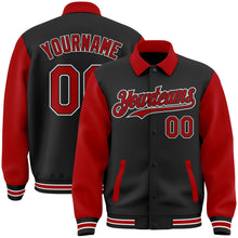 Laden Sie das Bild in den Galerie-Viewer, Uksn Individuelles Bomberjacke in Schwarz-Rot-Weiß mit Byron-Stil, Reverskragen, Druckknopfleiste, Zweifarben-Design und Varsity-Letterman-Stil
