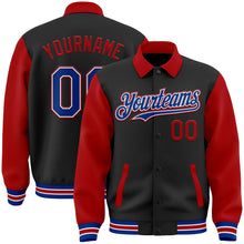 Laden Sie das Bild in den Galerie-Viewer, Uksn Individuelles Bomberjacke in Schwarz-Royalblau-Rot mit Byron-Stil, Reverskragen, Druckknopfleiste, Zweifarben-Design und Varsity-Letterman-Stil
